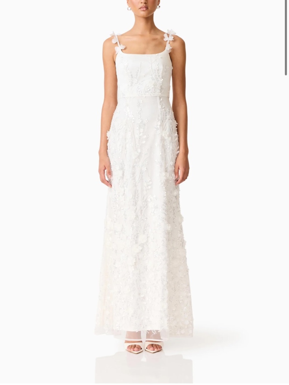 Elliatt White Floral Appliqué Square-Neck Gown with Bow Straps